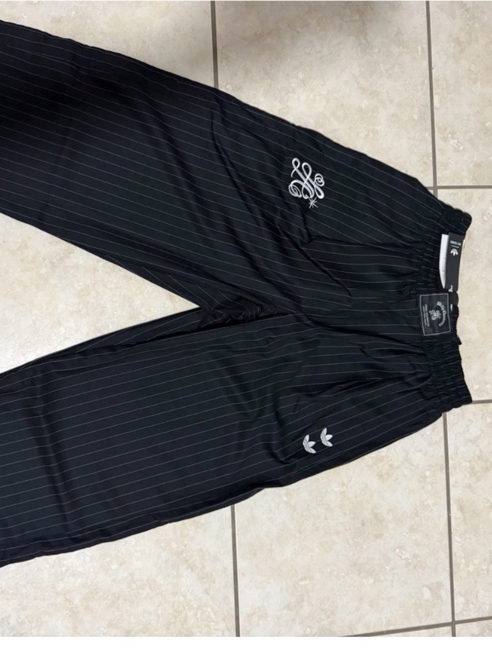 Willy Chavarria Black Pinstripe Drawstring Pants with White Logo Patch